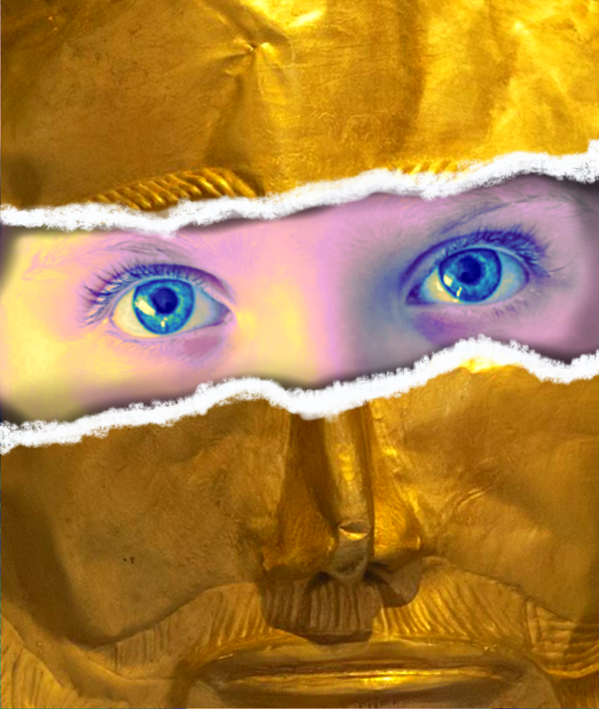 A striking pair of blue-green eyes with purple eyelashes peer through a horizontal tear in golden-yellow textured paper or fabric. The eyes have an artistic, digitally enhanced quality with vibrant colors including yellows and purples around the eye area. The torn opening creates a dramatic peek-a-boo effect against the rich golden background.